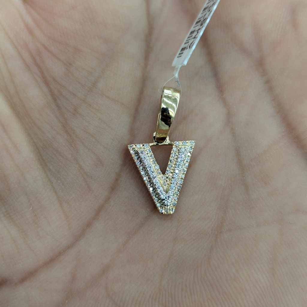 Real Natural Diamond 10kt Yellow Gold Two-Tone Bubble Style Initial V Pendant